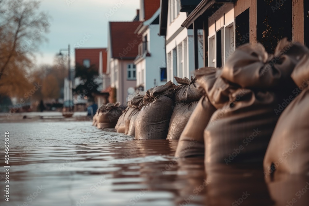 Close shot of flood Protection Sandbags with flooded homes in the background. - AI Generated - obrazy, fototapety, plakaty 