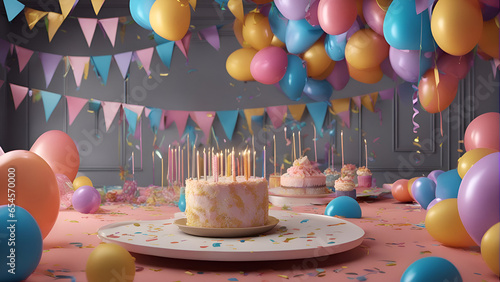 Birthday cake with candles. balloons and confetti. 3D rendering