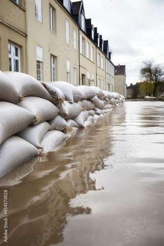 Close shot of flood Protection Sandbags with flooded homes in the background. - AI Generated photo