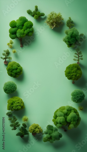 Top view of green trees on green background. Minimal nature concept.