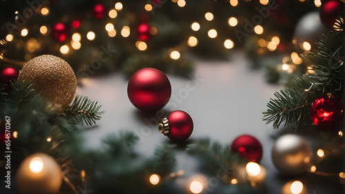 Christmas and New Year background with fir branches. red balls and bokeh lights