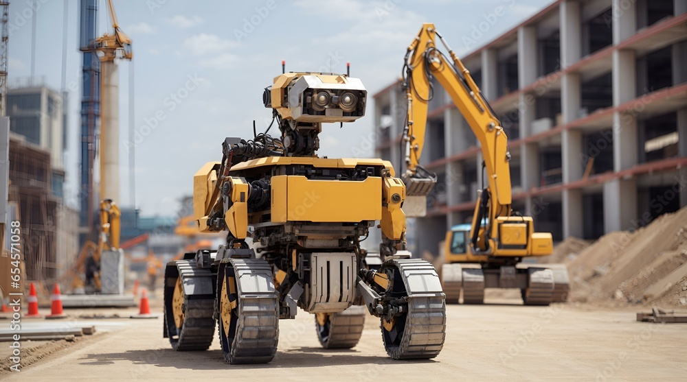 ビルの建築現場で活躍するロボット、建築資材を自動で運搬するロボット｜Robots are active at building construction sites. A robot that automatically transports construction materials. Generative AI - obrazy, fototapety, plakaty 