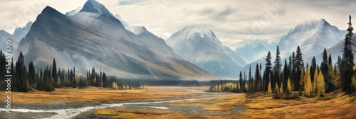 Beautiful panoramic image of an autumn landscape in the style of the Canadian Rockies - Ai Generative photo