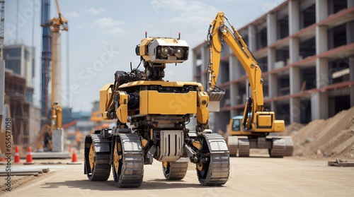 ビルの建築現場で活躍するロボット、建築資材を自動で運搬するロボット｜Robots are active at building construction sites. A robot that automatically transports construction materials. Generative AI photo