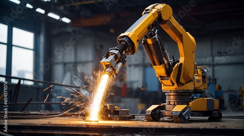 ビルの建築現場で活躍するロボット、溶接するロボットアーム｜Robots are active at building construction sites. Robot arm for welding. Generative AI