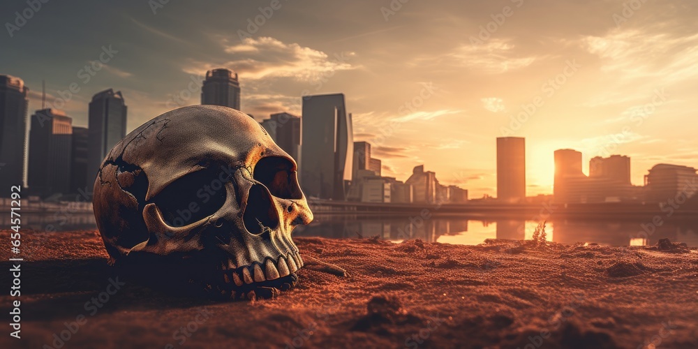Human skull in front of a city after global warming apocalypse - Ai Generated - obrazy, fototapety, plakaty 
