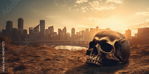 Human skull in front of a city after global warming apocalypse - Ai Generated