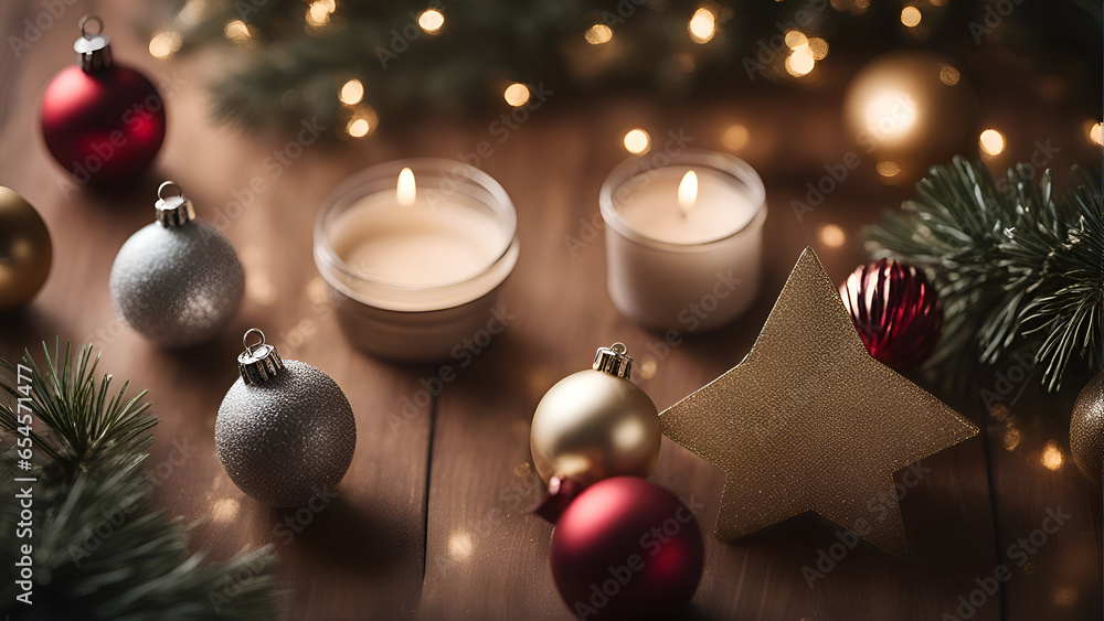 Christmas decoration with baubles and candles on a wooden background.