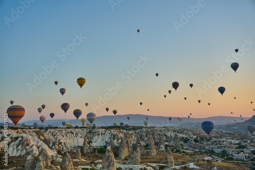 Hot air ballons flying above Goreme, Cappadocia, Turkey