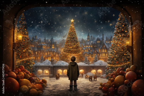 Boy looking at city square during Christmas night