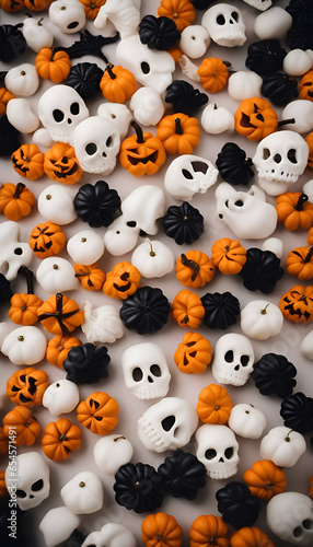 Halloween background with white and orange pumpkins and skulls. Top view.