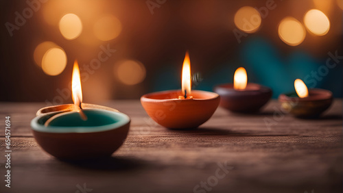 Happy Diwali Clay Diya lamps lit on colorful rangoli. Hindu festival of lights. Copy space.
