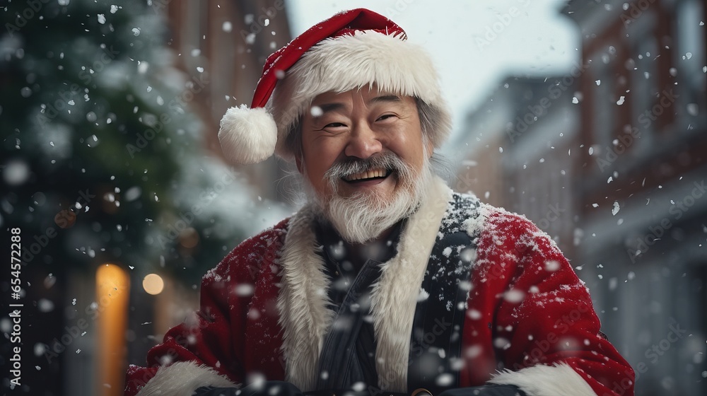 Asian Santa Claus Spreads Joy in a Victorian Christmas Scene. Generative AI. Asian Santa Claus Spreads Joy in a Victorian Christmas Scene. Generative AI.