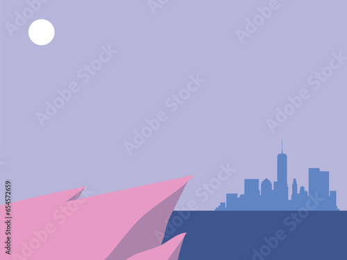 flat design of a city silhouette from afar at night.vector illustration