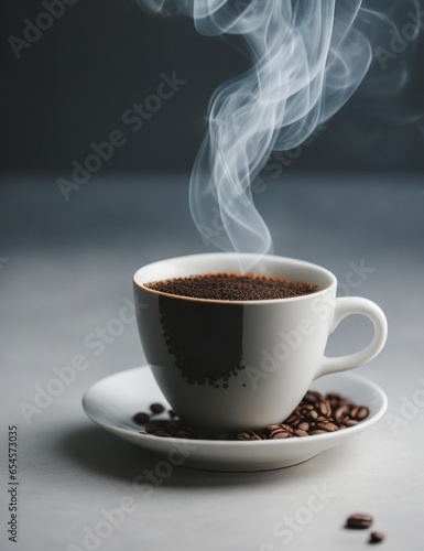 A cup of smoking hot coffee and coffee beans on the table
