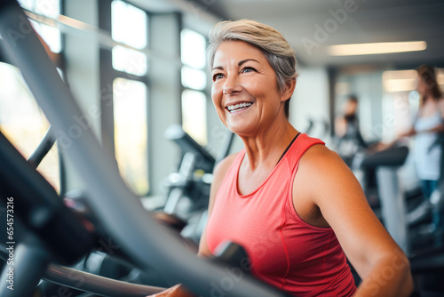 Full-figured caucasian middle-aged woman exercising in gym