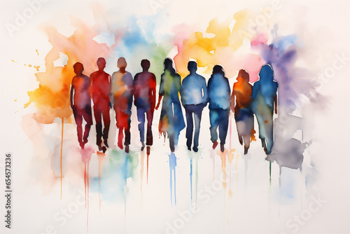 Vibrant Watercolor Painting  Group of People Standing Together Holding Hands  Generative AI