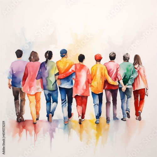 Vibrant Watercolor Painting, Group of People Standing Together Holding Hands, Generative AI