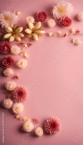 Flowers composition. Frame made of flowers on pink background. Flat lay. top view. copy space