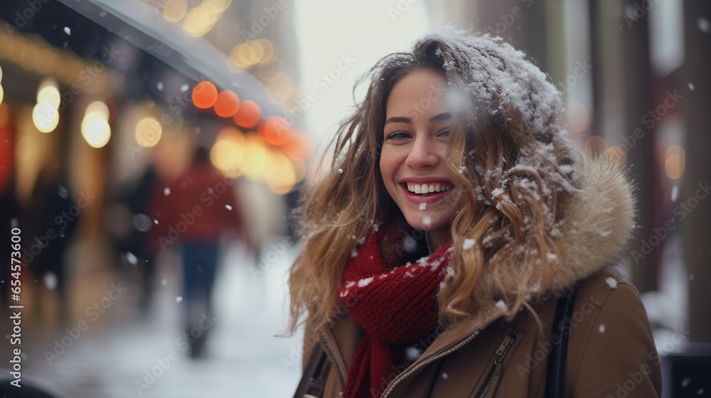 photograph of a happy deaf woman enjoying the outdoor seasonal winter weather