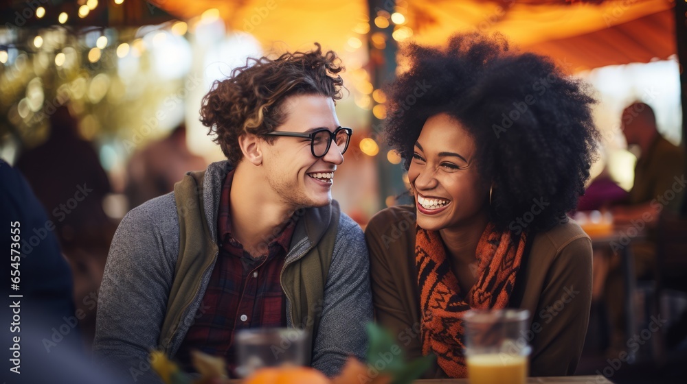 photograph of a mixed race outdoors enjoying the seasonal holiday weather on a date - obrazy, fototapety, plakaty 