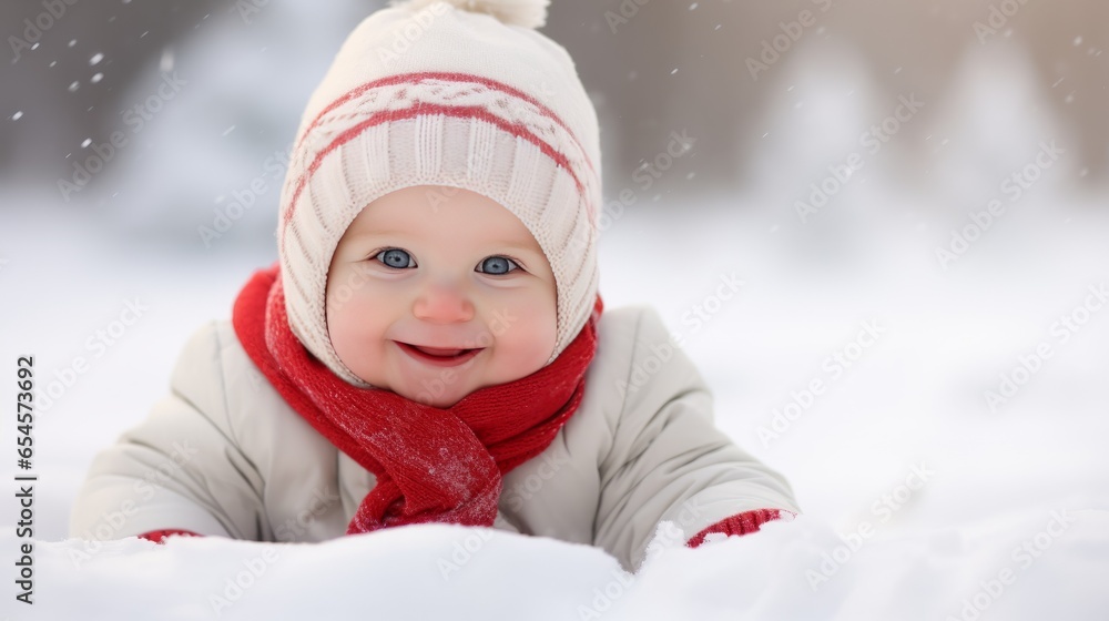 photograph of a caucasian baby outdoors enjoying the seasonal winter snow photograph of a caucasian baby outdoors enjoying the seasonal winter snow