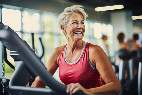 Portrait of a caucasian middle-aged woman exercising in gym