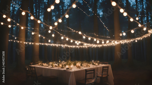 wedding table in the forest decorated with garlands and lights