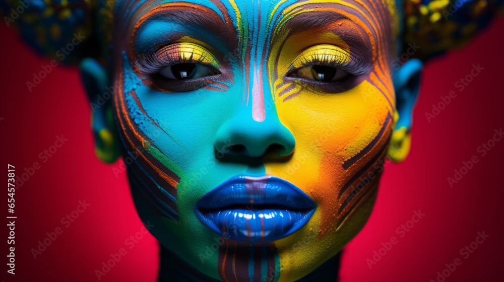 A beautiful and proud African woman with colorful vibrant colors on her face. The concept of beauty, African culture and art.