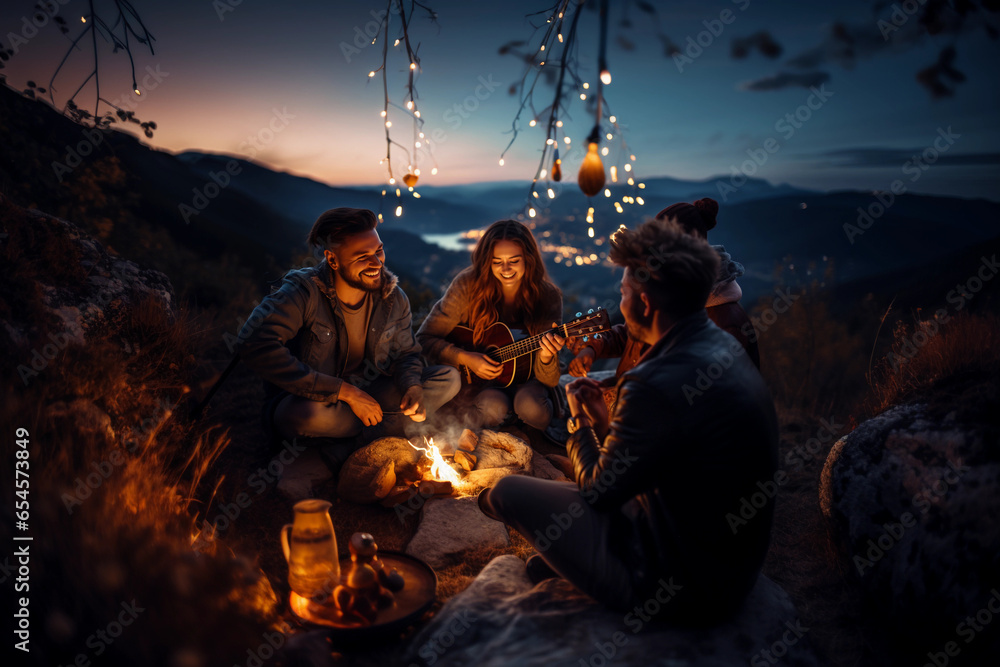 A group of young people singing, making music, and playing the guitar around a campfire at night