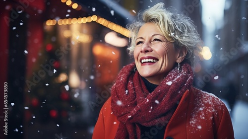 photograph of an elderly white woman outdoors enjoying the cold winter seasonal weather