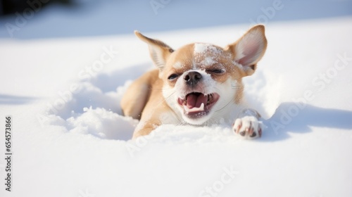 cute puppy dog frolicking in the winter snowy weather