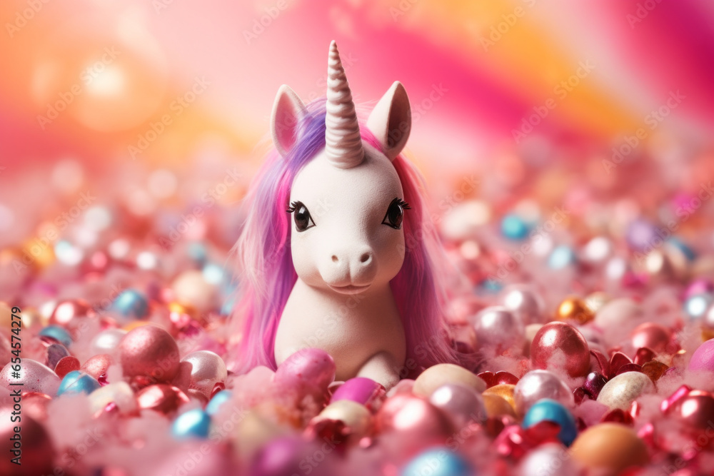 Unicorn toy surrounded by colorful decorations.