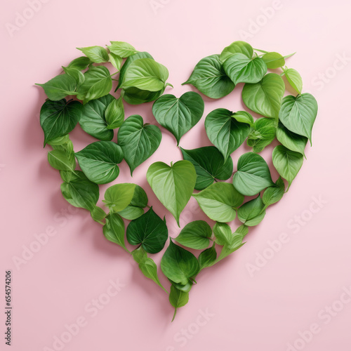 Heart of green leaves. The concept of nature, sustainability, green walls and love. Minimal style.