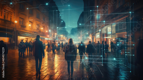 Crowd in city evening, monitored by CCTV with AI facial recognition