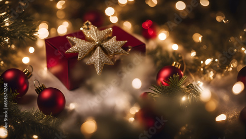 Christmas background with red gift box and bokeh lights. Copy space.