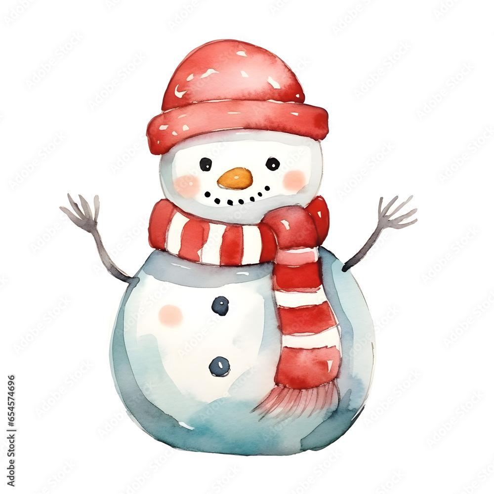 Watercolor Christmas happy snowman in red cozy scarf and red hat isolated on white background, cute character, winter season, holiday Watercolor Christmas happy snowman in red cozy scarf and red hat isolated on white background, cute character, winter season, holiday
