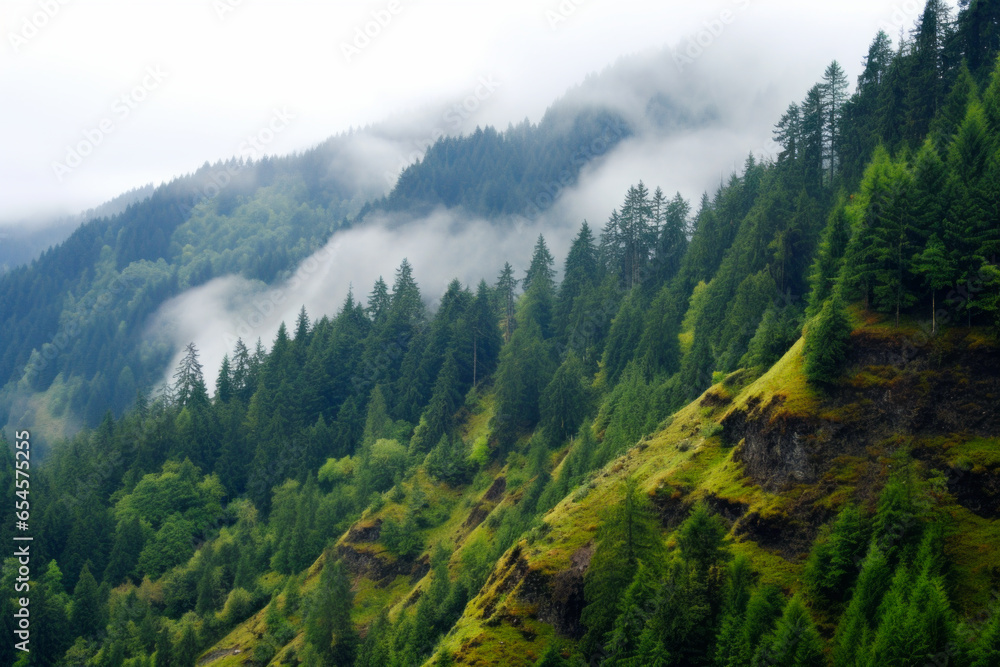 A mountainous landscape from a high vantage point, green trees and shrubs, coniferous, greenery, fog blankets, cliff
