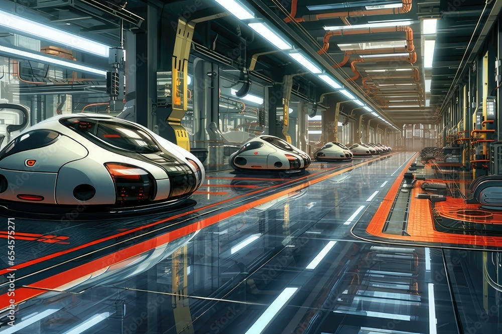 A futuristic factory floor with robots assembling cars
