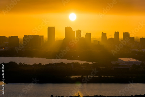 Urban sunset landscape of downtown district of Tampa city in Florida  USA. Dramatic skyline with high skyscraper buildings in modern american megapolis
