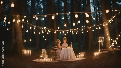 Wedding ceremony in the forest. The bride and groom at the table.