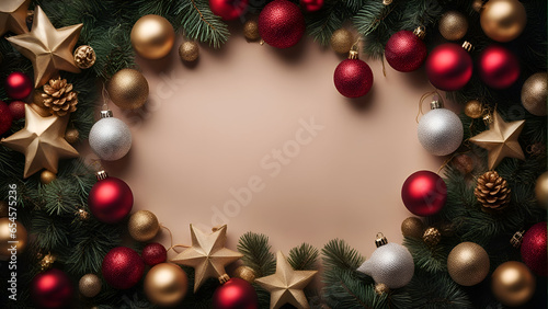 Christmas background with baubles and fir branches. Top view with copy space.