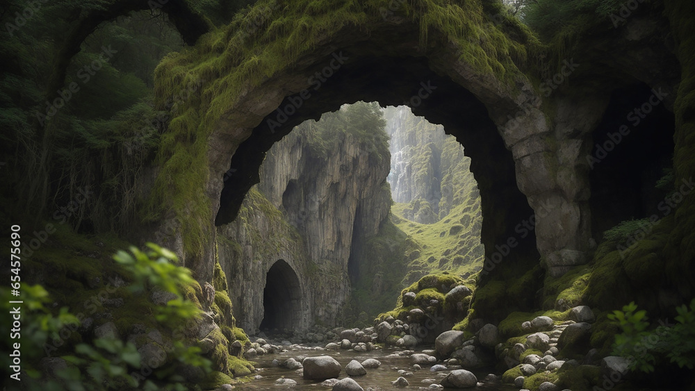 Obraz premium A majestic entrance to the kingdom of dwarves nestled within the heart of a rugged mountain - AI Generative
