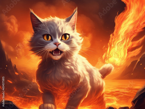 illustration of a grey patterned kitten on a fiery background
