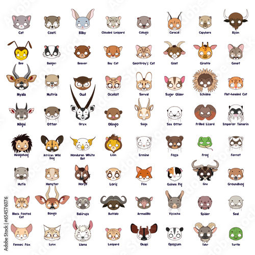 Big collection of animal masks for costume party. Kids Halloween party animal masks. School masquerade masks.