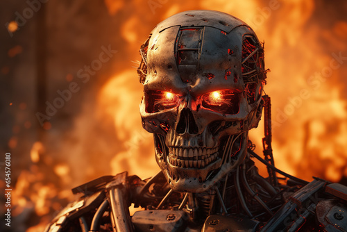 at war, robot humanoid android with artificial intelligence, fire and flames, suffering and destruction, war zone or end of the world and end of humanity or autonomous war weapon