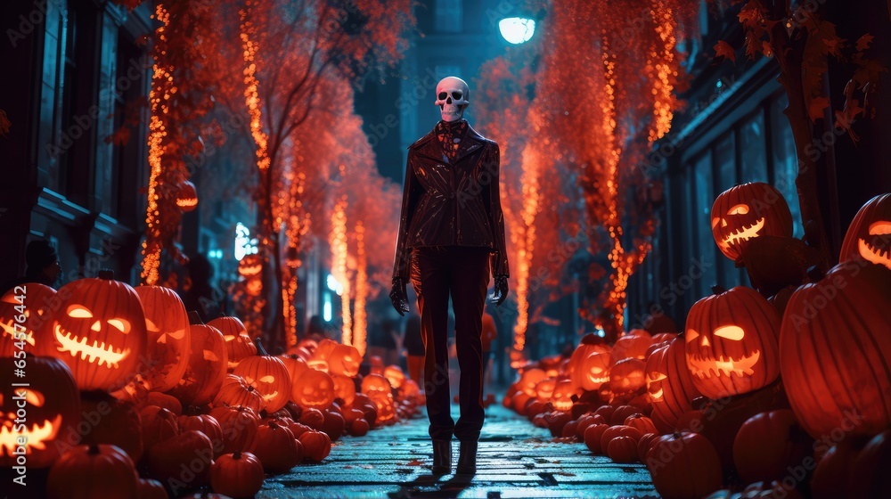 Naklejka premium Halloween decoration, a skeleton in stylish clothes on the street celebrates the world holiday of Halloween. the day of the Dead.