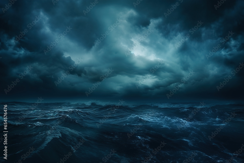 horror black blue sky, sea haunted cloud, scary ocean, depression background, mystery gloomy dark theme, blur texture - obrazy, fototapety, plakaty 