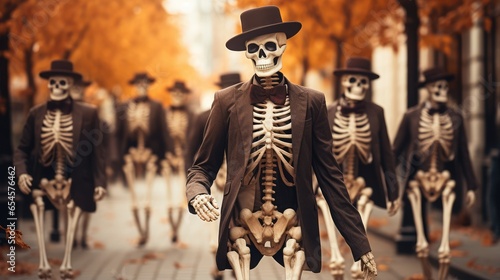 Halloween decoration, a skeleton in stylish clothes on the street celebrates the world holiday of Halloween. the day of the Dead.