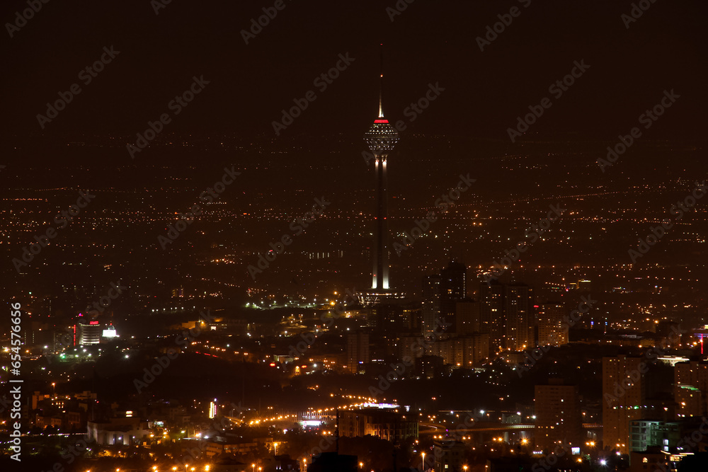 Naklejka premium Tehran Milad Tower at Night from Far Away, IRAN